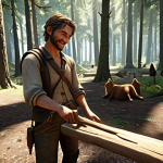 **

A player character happily gathering wood in a sun-dappled forest. Focus on details like a high-quality gathering tool in their hand, the node investment interface open on the side (showing a high level), and a pet with a gathering-related talent frolicking nearby. The overall feeling should be one of abundance and efficient resource collection.

**
