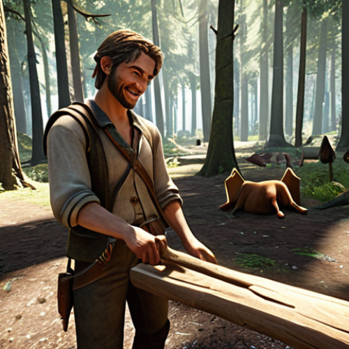 Home 4 **
A player character happily gathering wood in a sun-dappled forest. Focus on details like a high-quality gathering tool in their hand, the node investment interface open on the side (showing a high level), and a pet with a gathering-related talent frolicking nearby. The overall feeling should be one of abundance and efficient resource collection.
**