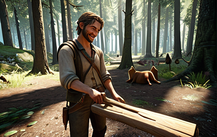 **
A player character happily gathering wood in a sun-dappled forest. Focus on details like a high-quality gathering tool in their hand, the node investment interface open on the side (showing a high level), and a pet with a gathering-related talent frolicking nearby. The overall feeling should be one of abundance and efficient resource collection.
**
