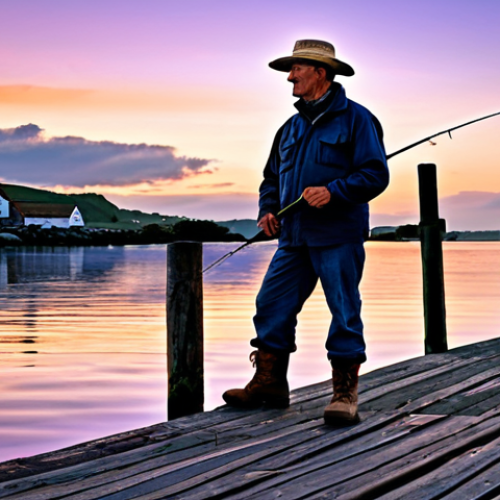Fishing Scene**

"A seasoned angler, fully clothed in practical fishing gear including a wide-brimmed hat and sturdy boots, stands on a weathered wooden pier at sunset. The scene showcases calm waters reflecting the orange and purple sky, with fishing rod bent slightly indicating a catch. Background features include distant fishing boats and coastal village.  Safe for work, appropriate content, perfect anatomy, correct proportions, professional quality, natural pose, well-formed hands, proper finger count, natural body proportions, professional, family-friendly."

**