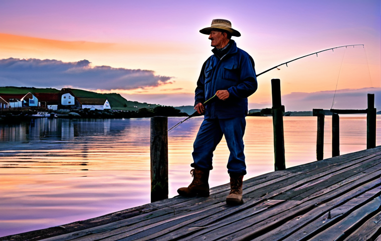 Fishing Scene**
"A seasoned angler, fully clothed in practical fishing gear including a wide-brimmed hat and sturdy boots, stands on a weathered wooden pier at sunset. The scene showcases calm waters reflecting the orange and purple sky, with fishing rod bent slightly indicating a catch. Background features include distant fishing boats and coastal village. Safe for work, appropriate content, perfect anatomy, correct proportions, professional quality, natural pose, well-formed hands, proper finger count, natural body proportions, professional, family-friendly."
**